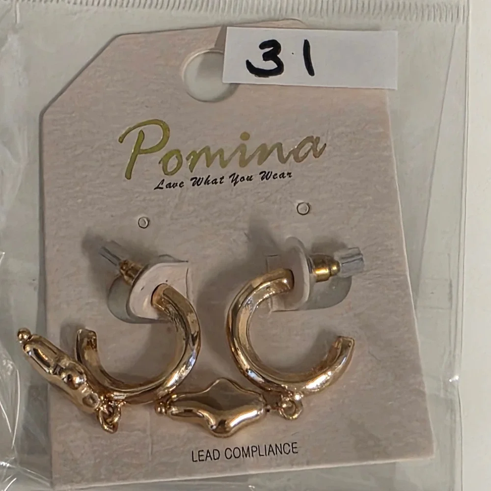 Pomina Gold Tone Hoop Earrings with Geometric Drop Charms L14732 GD QSE10349 NEW